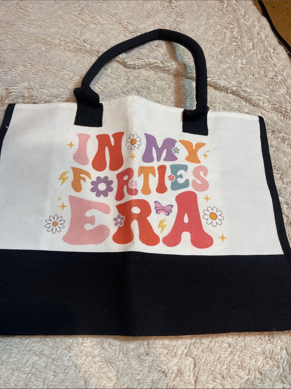 Canvas Tote Bag - 'In My Forties Era' Graphic in Black and White